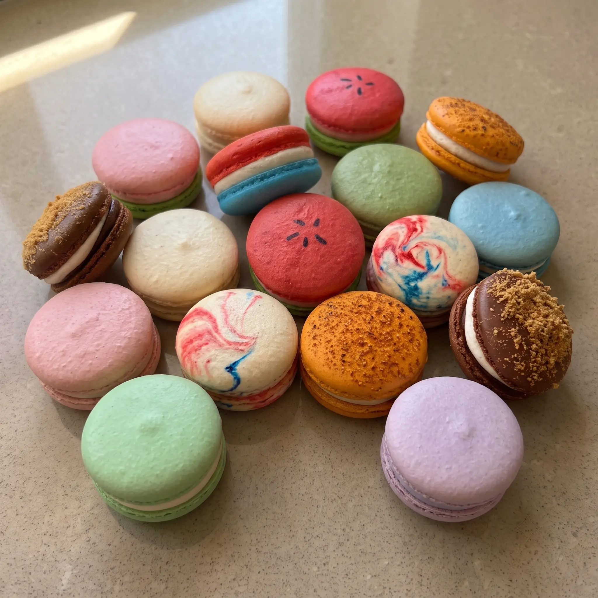 Colorful assortment of decorated macarons