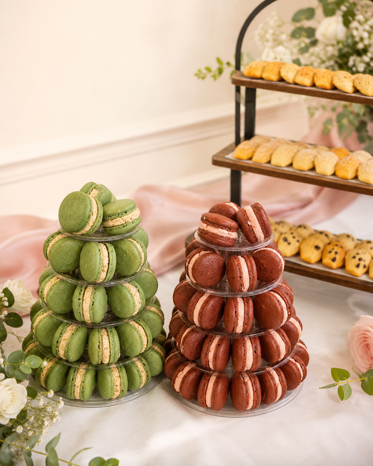 Green and red macaron towers with a madeleine display behind them